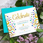Bat Mitzvah Turquoise Gouden Folie Boom van het Le Informatiekaartje<br><div class="desc">Wees trots, verheug je en laat deze mijlpaal van je favoriete Bat Mitzvah zien! Deze abstracte, faux gouden folie met fonkelende turquoise, blauwgroen, paarse en blauwe davidster en stip "bladeren" op een witte achtergrond, is de perfecte gepersonaliseerde party info insert voor deze speciale gelegenheid. Een piepklein, licht turquoise blauw davidster...</div>