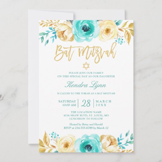Bat Mitzvah | Turquoise Mint Gold Floral Kaart (Voorkant)
