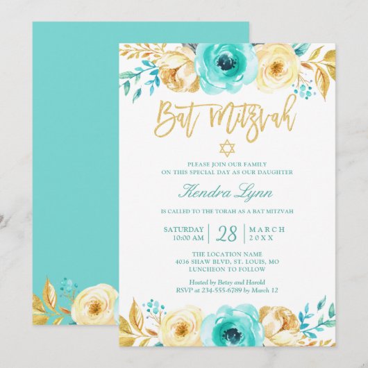 Bat Mitzvah | Turquoise Mint Gold Floral Kaart (Voorkant / Achterkant)