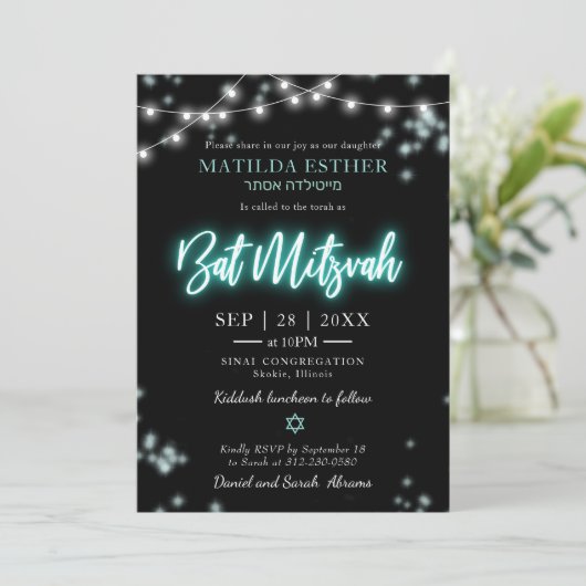 Bat Mitzvah Turquoise Neon Thema Kaart (Staand voorkant)