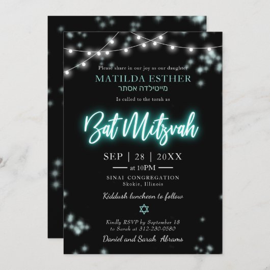 Bat Mitzvah Turquoise Neon Thema Kaart (Voorkant / Achterkant)