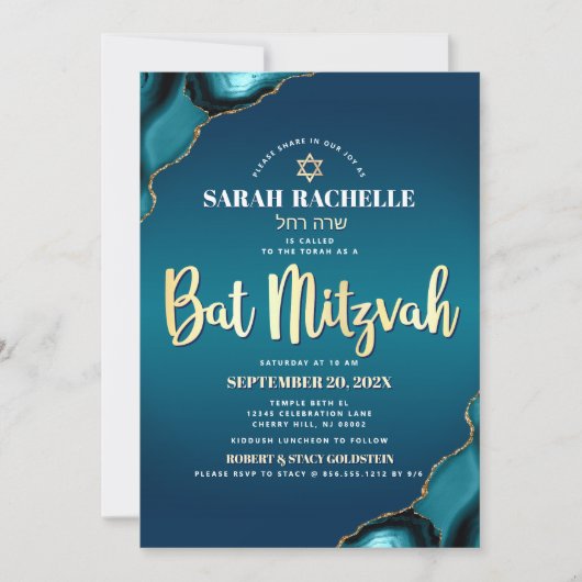 Bat Mitzvah Turquoise Ombre Agate Gold Script Bold Kaart (Voorkant)