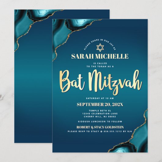 Bat Mitzvah Turquoise Ombre Agate Gold Script Chic Kaart (Voorkant / Achterkant)