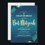 Bat Mitzvah Turquoise Ombre Agate Gold Script Chic Kaart<br><div class="desc">Wees trots, verheug je en laat deze mijlpaal van je favoriete Bat Mitswa zien! Stuur deze coole, unieke, moderne, gepersonaliseerde uitnodiging voor een evenement om te onthouden. Faux gouden folie script typografie, wit zonder serif typografie, en een faux gouden Star of David bedekken een diep turquoise blauwgroen blauw ombre achtergrond...</div>
