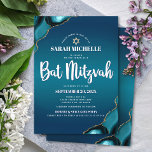 Bat Mitzvah Turquoise Ombre Agate Modern Script Kaart<br><div class="desc">Wees trots, verheug je en laat deze mijlpaal van je favoriete Bat Mitzvah zien! Stuur deze coole, unieke, moderne, gepersonaliseerde uitnodiging voor een evenement om te onthouden. Witte scripttypografie en een faux gouden ster van David bedekken een diepe turquoise blauwgroen blauwe ombre achtergrond met turquoise blauwe agaat geaccentueerd met faux...</div>