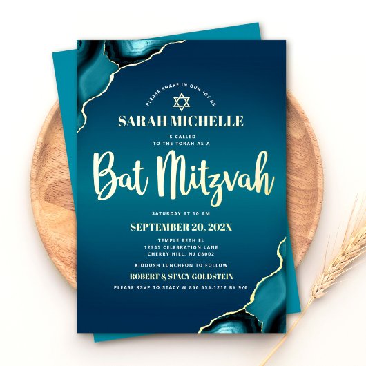 Bat Mitzvah Turquoise Ombre Agate Script Echt Goud Folie Uitnodiging