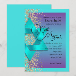 Bat Mitzvah Turquoise Paarse Ombre Gold Glitter Kaart