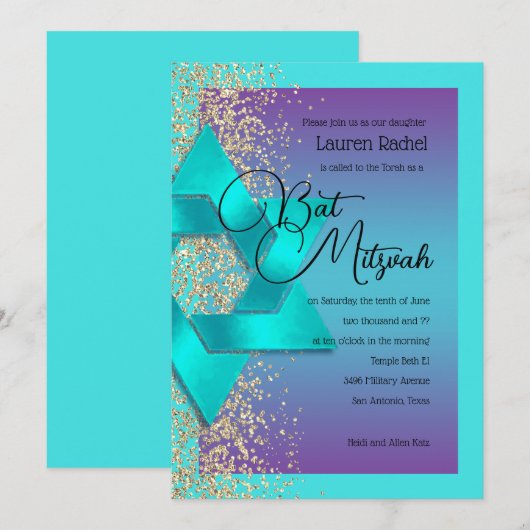 Bat Mitzvah Turquoise Paarse Ombre Gold Glitter Kaart (Voorkant / Achterkant)