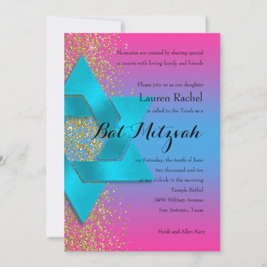 Bat Mitzvah Turquoise Pink ombre Faux Gold Glitter Kaart (Voorkant)
