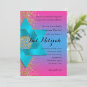 Bat Mitzvah Turquoise Pink ombre Faux Gold Glitter Kaart (Staand voorkant)