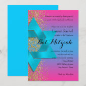 Bat Mitzvah Turquoise Pink ombre Faux Gold Glitter Kaart (Voorkant / Achterkant)
