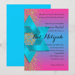 Bat Mitzvah Turquoise Pink ombre Faux Gold Glitter Kaart