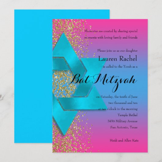 Bat Mitzvah Turquoise Pink ombre Faux Gold Glitter Kaart (Voorkant / Achterkant)