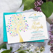 Bat Mitzvah Turquoise Tree of Life Script Real Gol Folie Uitnodiging