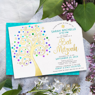 Bat Mitzvah Turquoise Tree of Life Script Real Gol Folie Uitnodiging