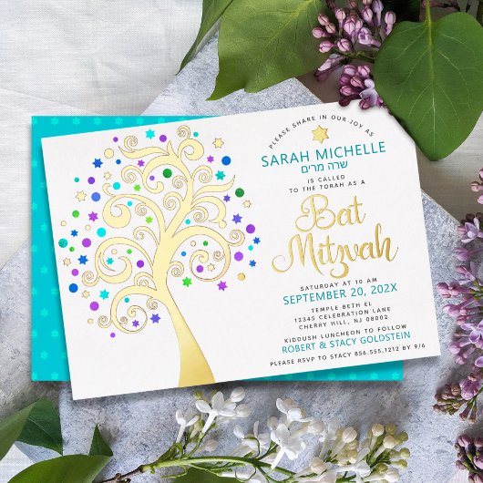 Bat Mitzvah Turquoise Tree of Life Script Real Gol Folie Uitnodiging