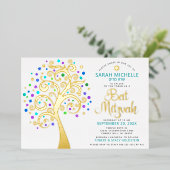 Bat Mitzvah Turquoise Tree of Life Script Real Gol Folie Uitnodiging (Staand Voorkant)