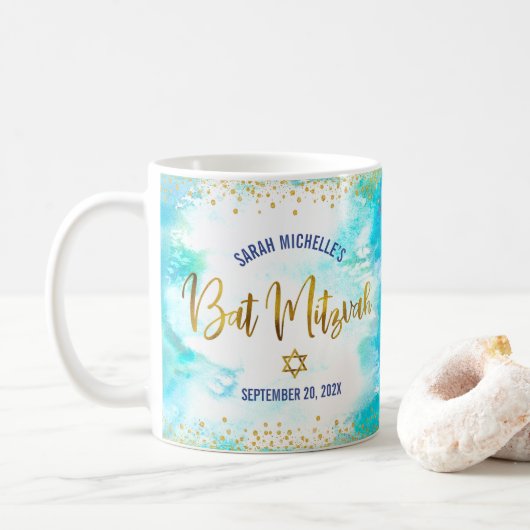 Bat Mitzvah Turquoise Watercolor Gold Script Bold Koffiemok (Met donut)