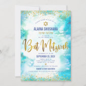 Bat Mitzvah turquoise waterverf gold folie script Kaart (Voorkant)