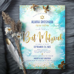 Bat Mitzvah turquoise waterverf gold folie script Kaart<br><div class="desc">Wees trots, blij en toon deze mijlpaal van je favoriete Bat Mitzvah! Verzend dit verbluffende, moderne, dunne gouden faux folie en glitter stippen en typografische manuscript tegen een turkooise waterverf achtergrond, gepersonaliseerde uitnodiging voor een gebeurtenis om zich te herinneren. Personaliseer de douanetekst met de naam van uw Bat Mitzvah, de...</div>