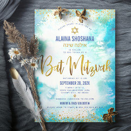 Bat Mitzvah turquoise waterverf gold folie script Kaart