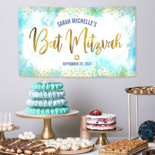 Bat Mitzvah turquoise waterverf gold folie script Spandoek