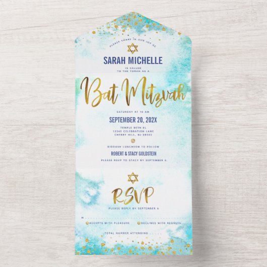 Bat Mitzvah turquoise waterverf Gold script girly All In One Uitnodiging (Binnen)