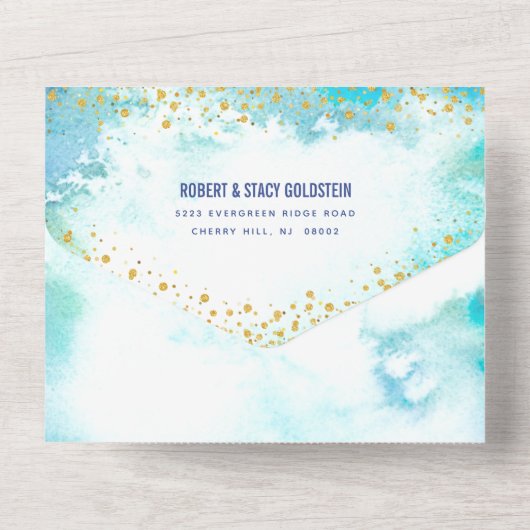 Bat Mitzvah turquoise waterverf Gold script girly All In One Uitnodiging (Achterkant)