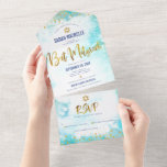 Bat Mitzvah turquoise waterverf Gold script girly All In One Uitnodiging<br><div class="desc">Wees trots, blij en toon deze mijlpaal van je favoriete Bat Mitzvah! Verstuur deze verbluffende, moderne, aangepaste all-in-one uitnodiging voor een evenement dat je moet onthouden. Sparkly gold faux folie, glitter stippen en typografiescript bedekken een turquoise blauwe waterverf achtergrond. Dit all-in-one product is een unieke combinatie van een aangepaste uitnodiging...</div>