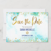 Bat Mitzvah Turquoise Waterverf Gold Script Girly Save The Date (Voorkant)