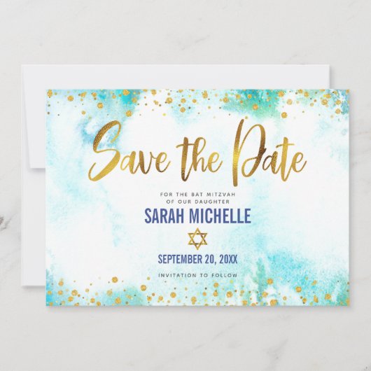 Bat Mitzvah Turquoise Waterverf Gold Script Girly Save The Date (Voorkant)