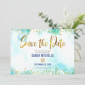 Bat Mitzvah Turquoise Waterverf Gold Script Girly Save The Date (Staand voorkant)
