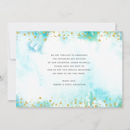 Bat Mitzvah Turquoise Waterverf Gold Script Girly Save The Date (Achterkant)