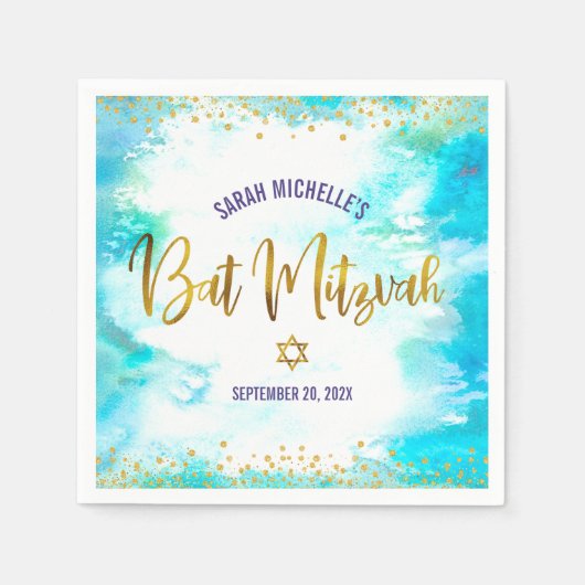 Bat Mitzvah Turquoise Waterverf Gold Script Girly Servet (Voorkant)