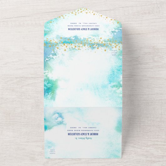 Bat Mitzvah Turquoise Waterverf Gold Script Party All In One Uitnodiging (Buitenkant)