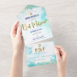Bat Mitzvah turquoise waterverf goud script meisje All In One Uitnodiging