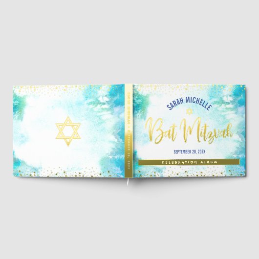 Bat Mitzvah Turquoise Waterverf Script Gold Foil Gastenboek (Volledig)