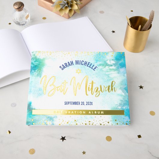 Bat Mitzvah Turquoise Waterverf Script Gold Foil Gastenboek (Voorkant open)