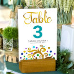 Bat Mitzvah Turquoise Wit Gouden Folie Boom van he Kaart<br><div class="desc">Geen Bat Mitzvah feest is compleet zonder gepersonaliseerde tafelnummerkaarten. Laat je favoriete Bat Mitzvah trots zijn, juich haar toe en vier haar mijlpaal op haar perfect gecoördineerde feest. Deze verfijnde, chique, prachtige, abstracte, grafisch faux gouden folie met fonkelende paarse, turquoise, blauwgroen en blauwe davidster en stip "bladeren" en blauwgroen tafelnummer...</div>