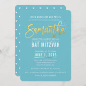 BAT MITZVAH turquoise witgouden script SAMANTHA Kaart (Voorkant / Achterkant)