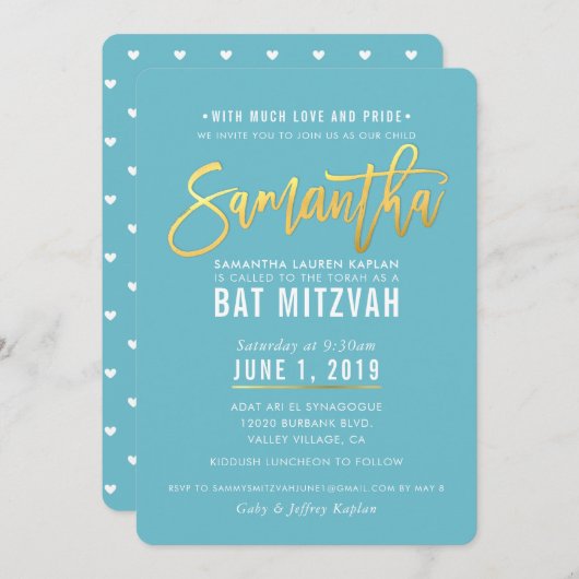 BAT MITZVAH turquoise witgouden script SAMANTHA Kaart (Voorkant / Achterkant)