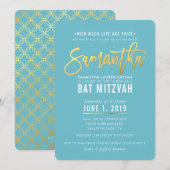 BAT MITZVAH turquoise witgouden script SAMANTHA Kaart (Voorkant / Achterkant)