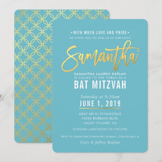 BAT MITZVAH turquoise witgouden script SAMANTHA Kaart (Voorkant / Achterkant)