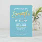 BAT MITZVAH turquoise witgouden script SAMANTHA Kaart (Staand voorkant)
