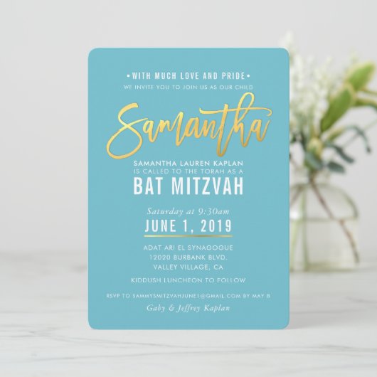 BAT MITZVAH turquoise witgouden script SAMANTHA Kaart (Staand voorkant)
