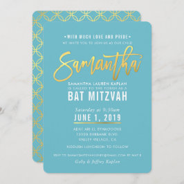 BAT MITZVAH turquoise witgouden script SAMANTHA Kaart