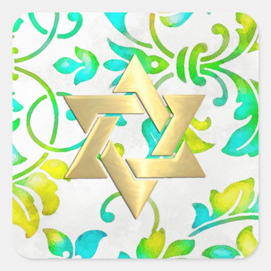 Bat Mitzvah Turquoise Yellow en Green Damask Vierkante Sticker (Voorkant)