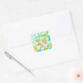 Bat Mitzvah Turquoise Yellow en Green Damask Vierkante Sticker (Envelop)