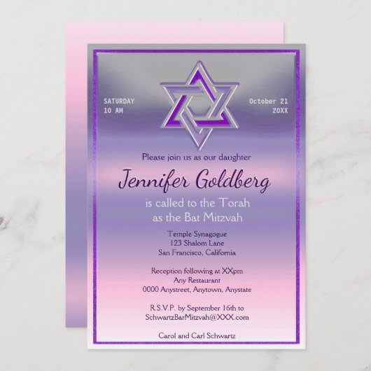 Bat Mitzvah Uitnodiging (Voorkant / Achterkant)
