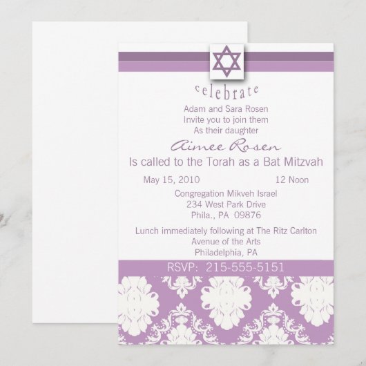 Bat Mitzvah Uitnodiging (Voorkant / Achterkant)